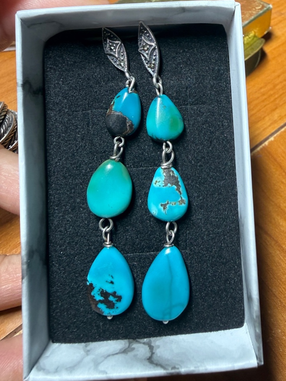 Gorgeous Native American Navajo Turquoise Marcasite Sterling 925 Drop Earrings - Picture 5 of 16